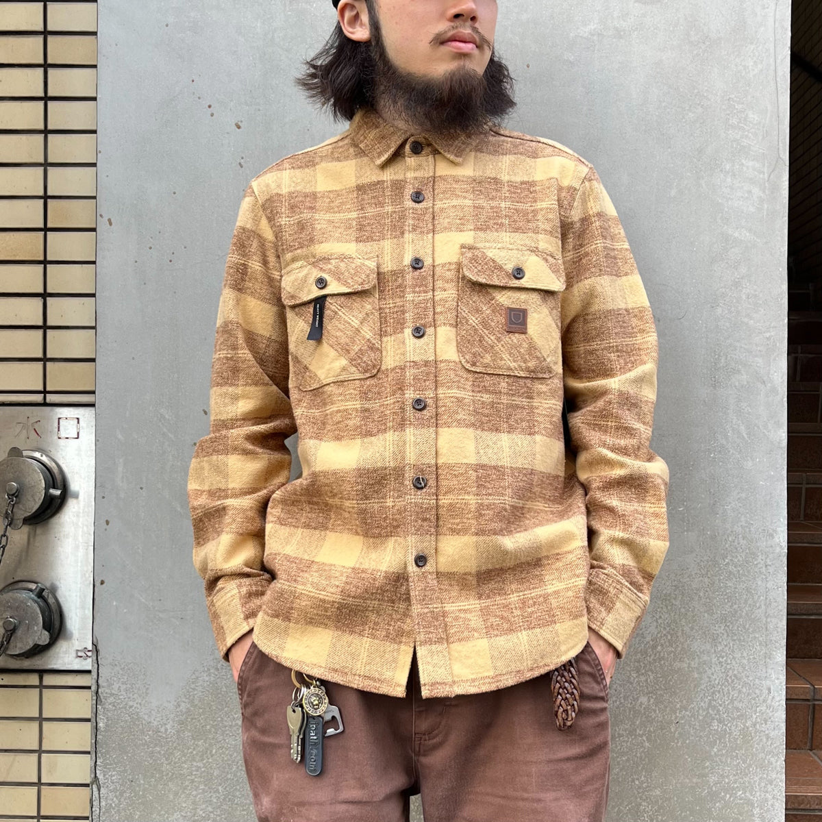 BOWERY HEAVYWEIGHT LS FLANNEL-CURRY YELLOW/PINECONE BROWN