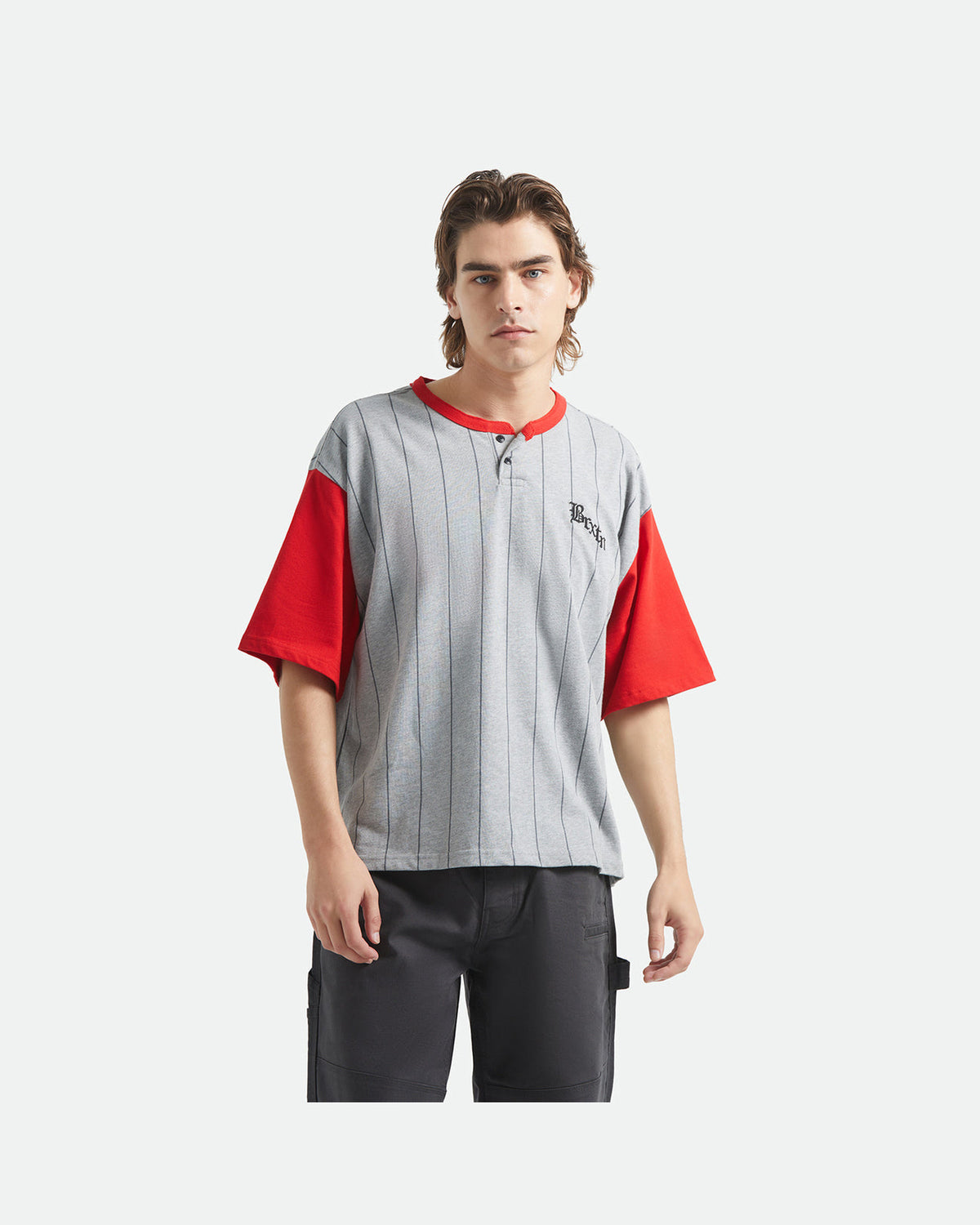 BOXY BASEBALL 1/2 SLEEVE TEE - HEATHER GREY/ADRENALINE RUSH