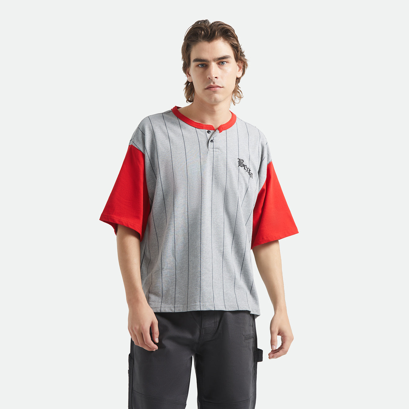 BOXY BASEBALL 1/2 SLEEVE TEE - HEATHER GREY/ADRENALINE RUSH