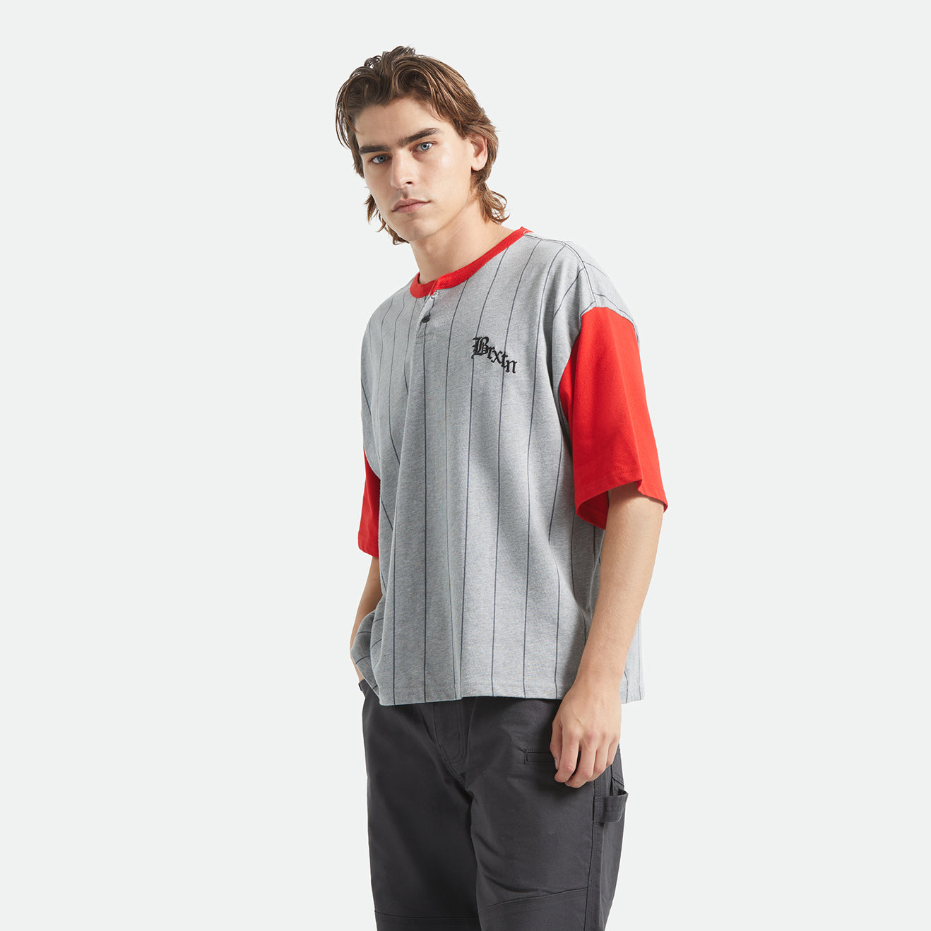 BOXY BASEBALL 1/2 SLEEVE TEE - HEATHER GREY/ADRENALINE RUSH