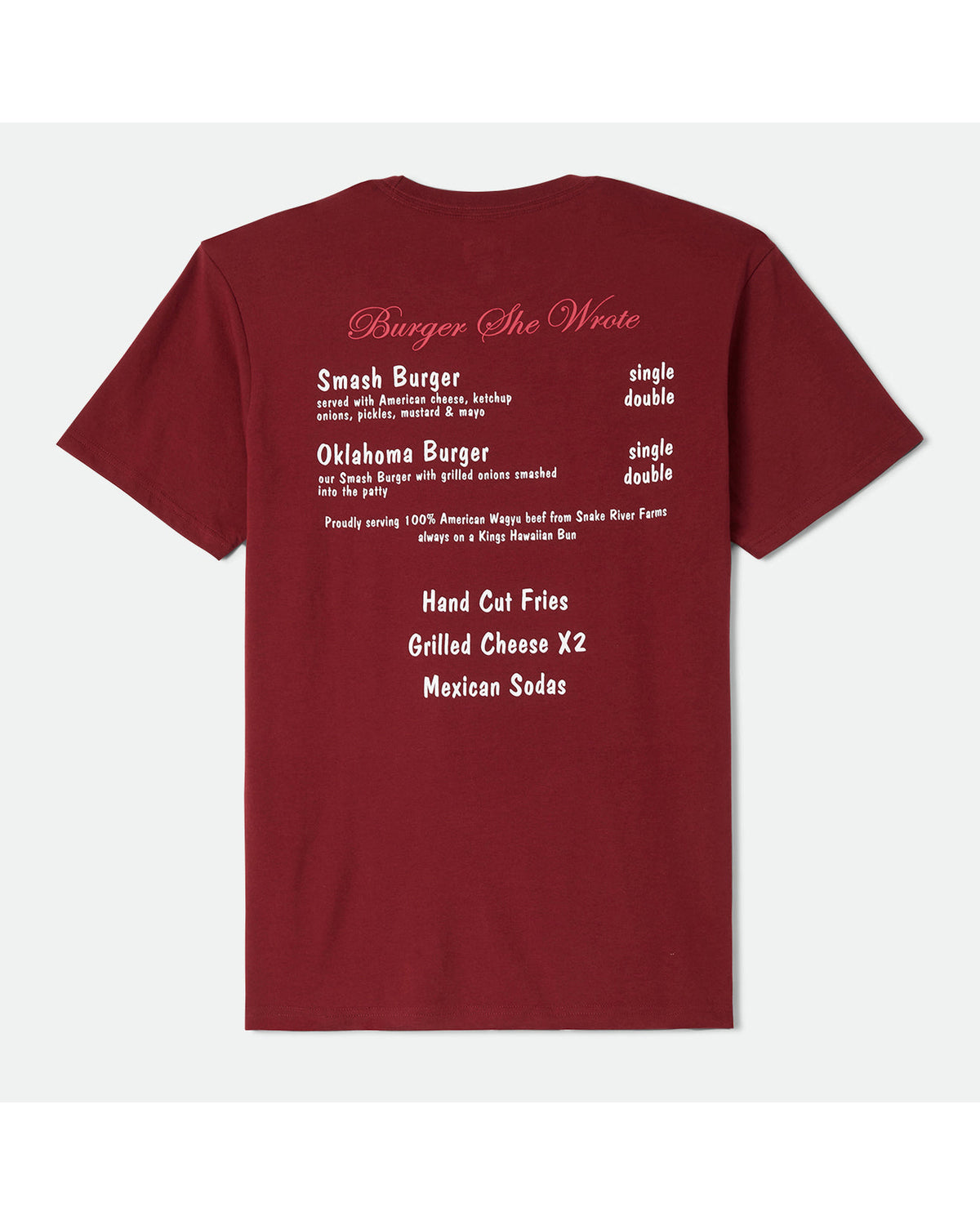 BURGER SHE WROTE POCKET TEE - BURGUNDY