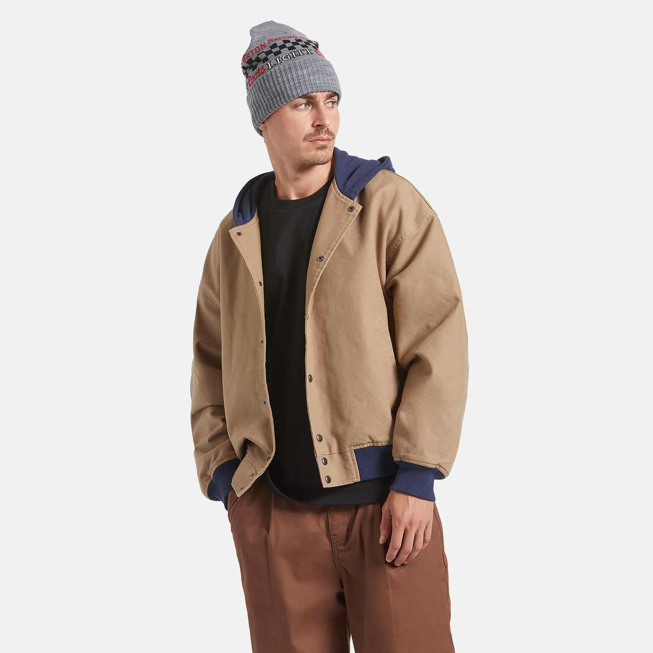 CANVAS HOODED BOMBER JKT - KHAKI/MOOD INDIGO