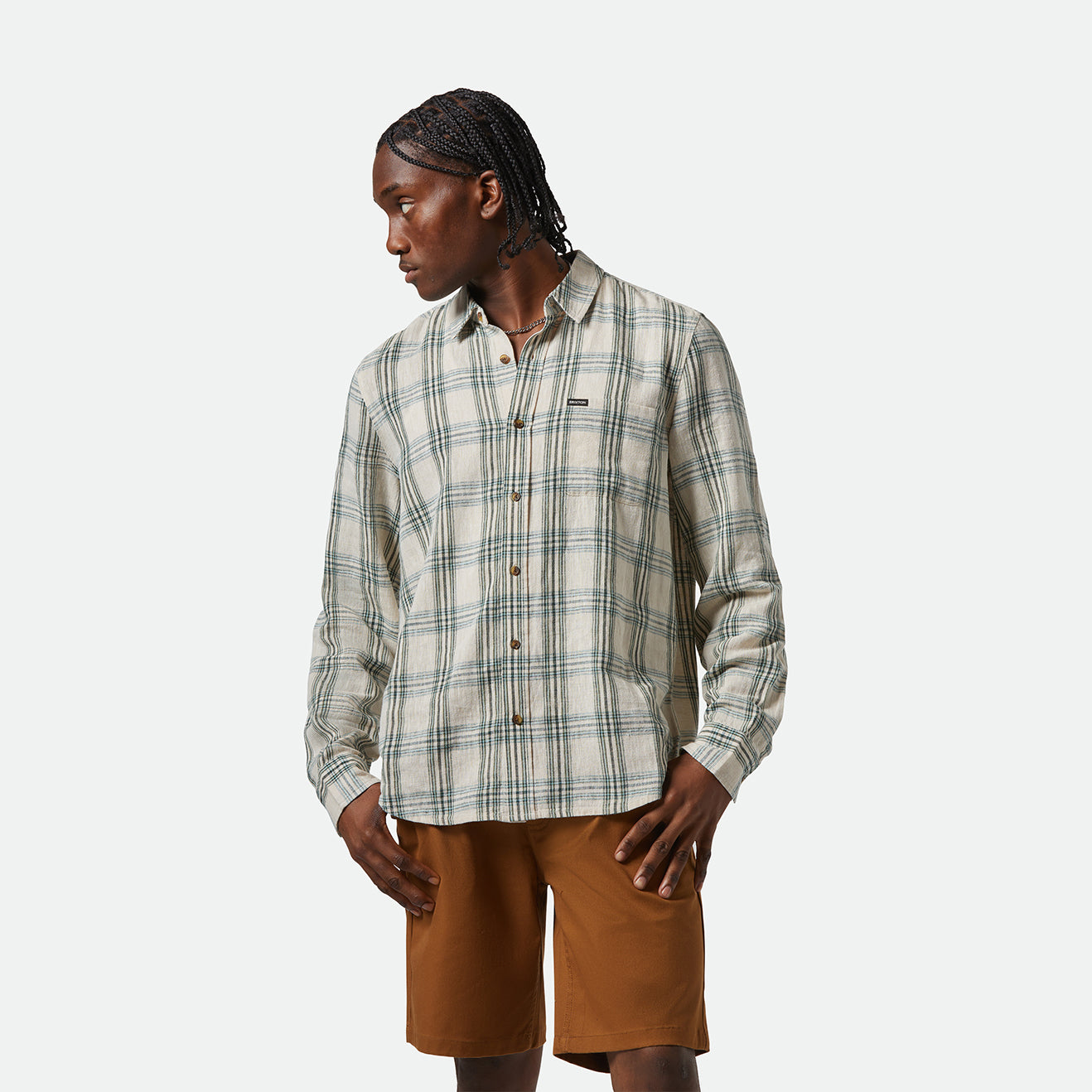 CHARTER LINEN BLEND L/S WVN - OFF WHITE/IVY GREEN PLAID