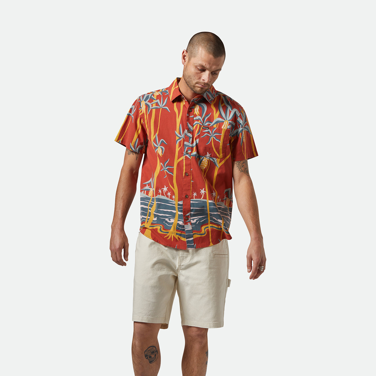 CHARTER PRINT S/S WVN-DARK RED SCENIC TRIP