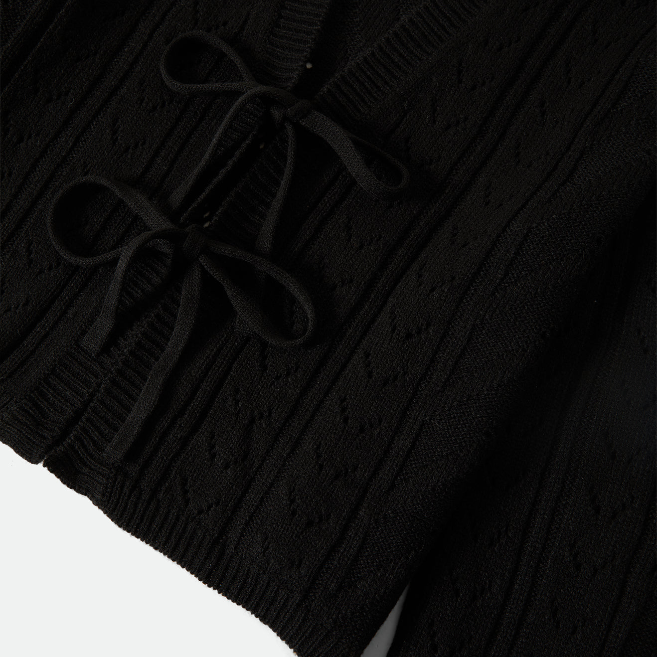 CROPPED POINTELLE TIE CARDIGAN - BLACK