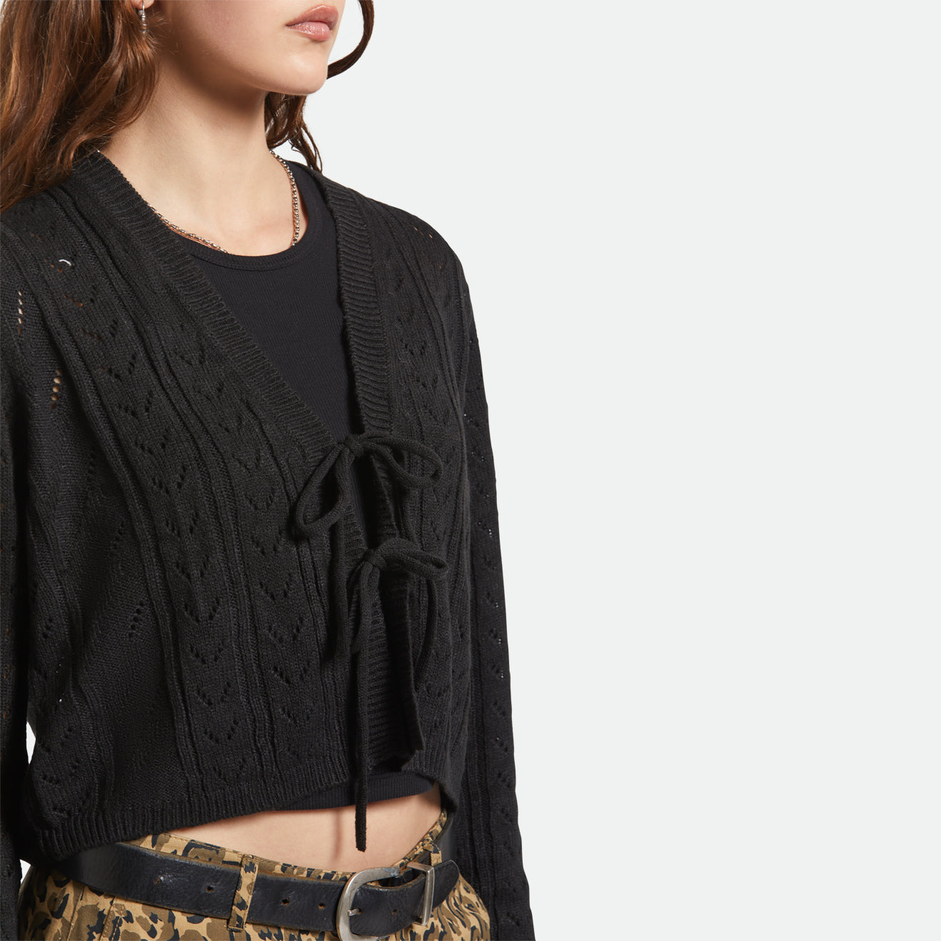 CROPPED POINTELLE TIE CARDIGAN - BLACK