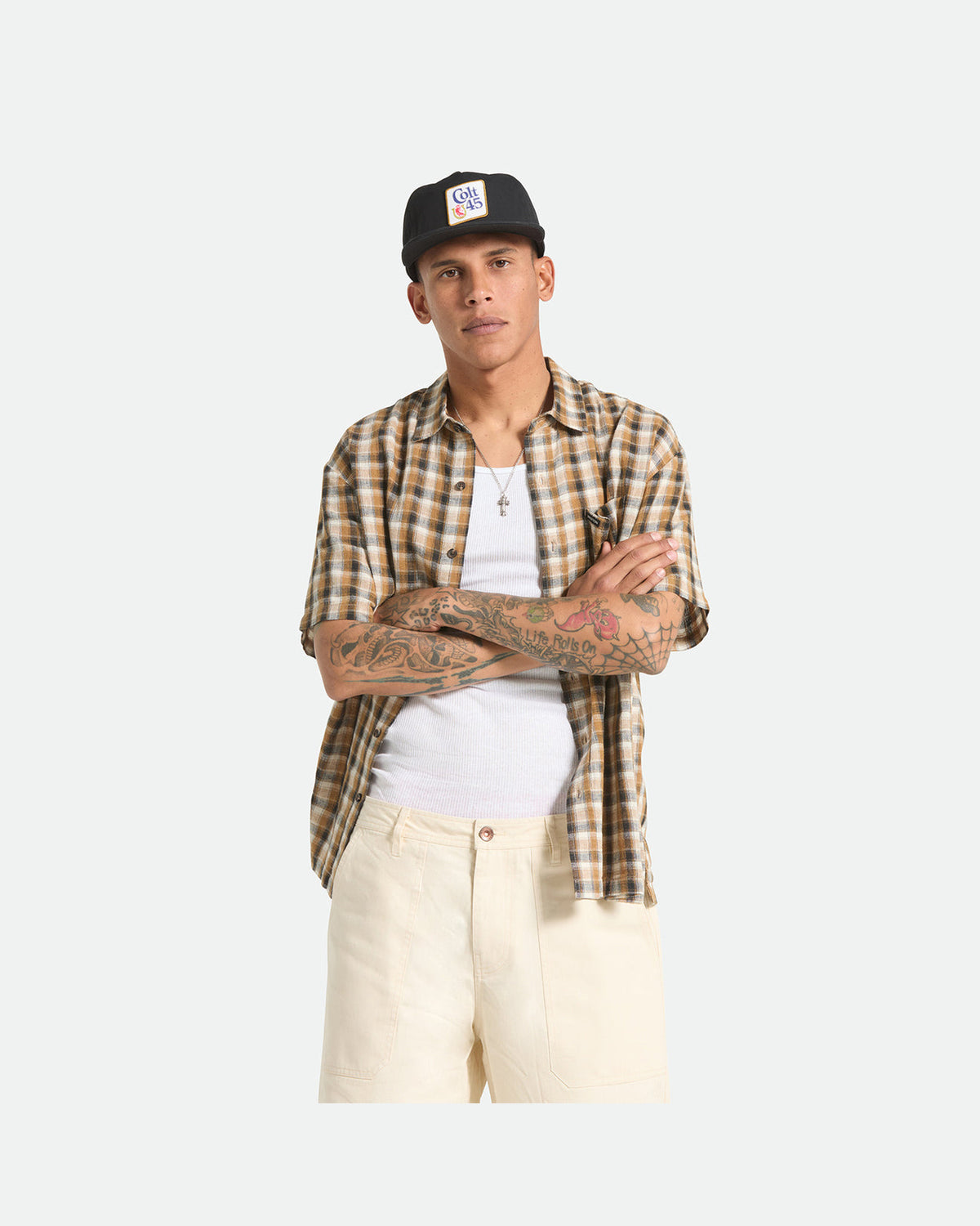 CRU LINEN BLEND PLAID S/S WVN - BLACK/TOBACCO PLAID