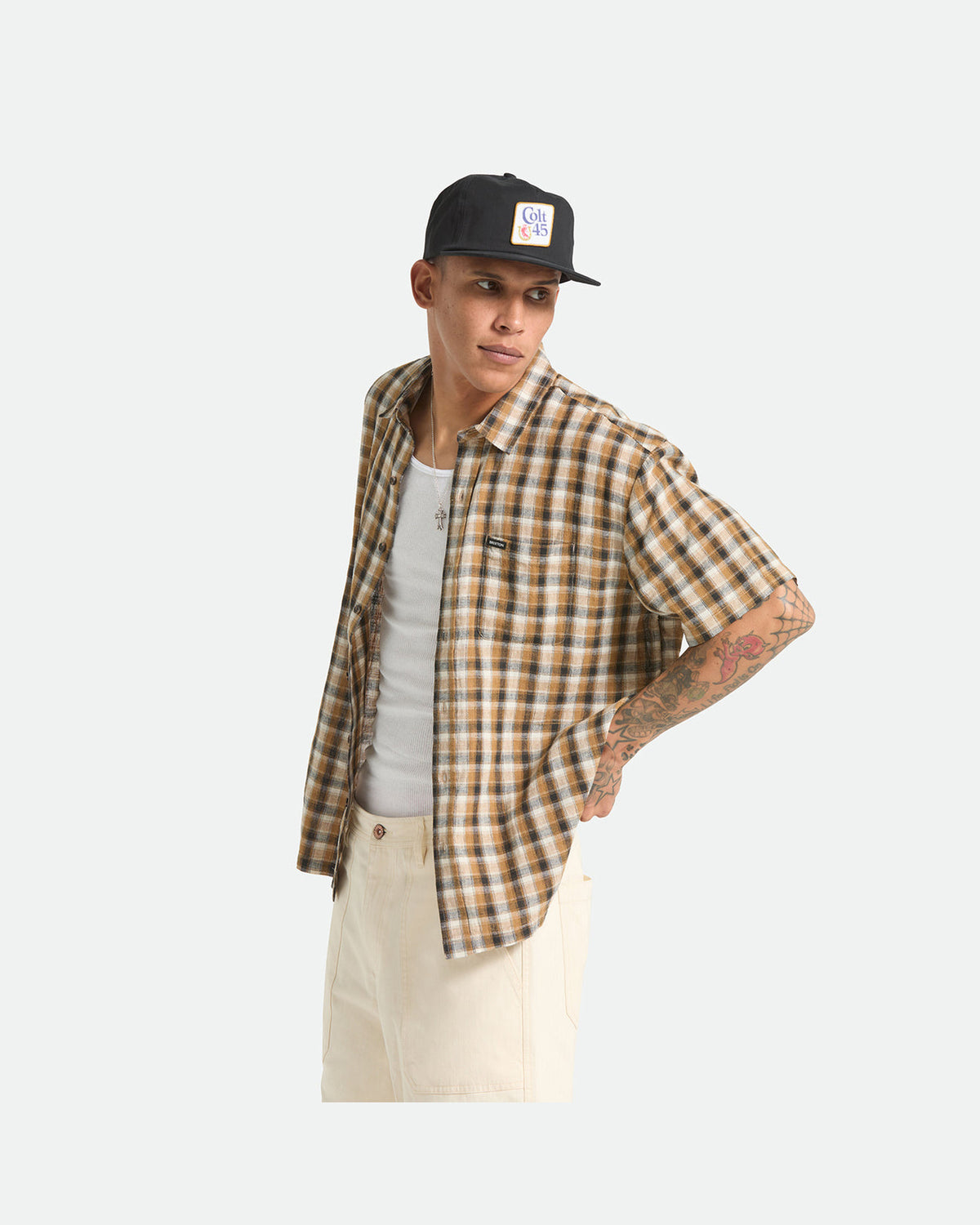 CRU LINEN BLEND PLAID S/S WVN - BLACK/TOBACCO PLAID
