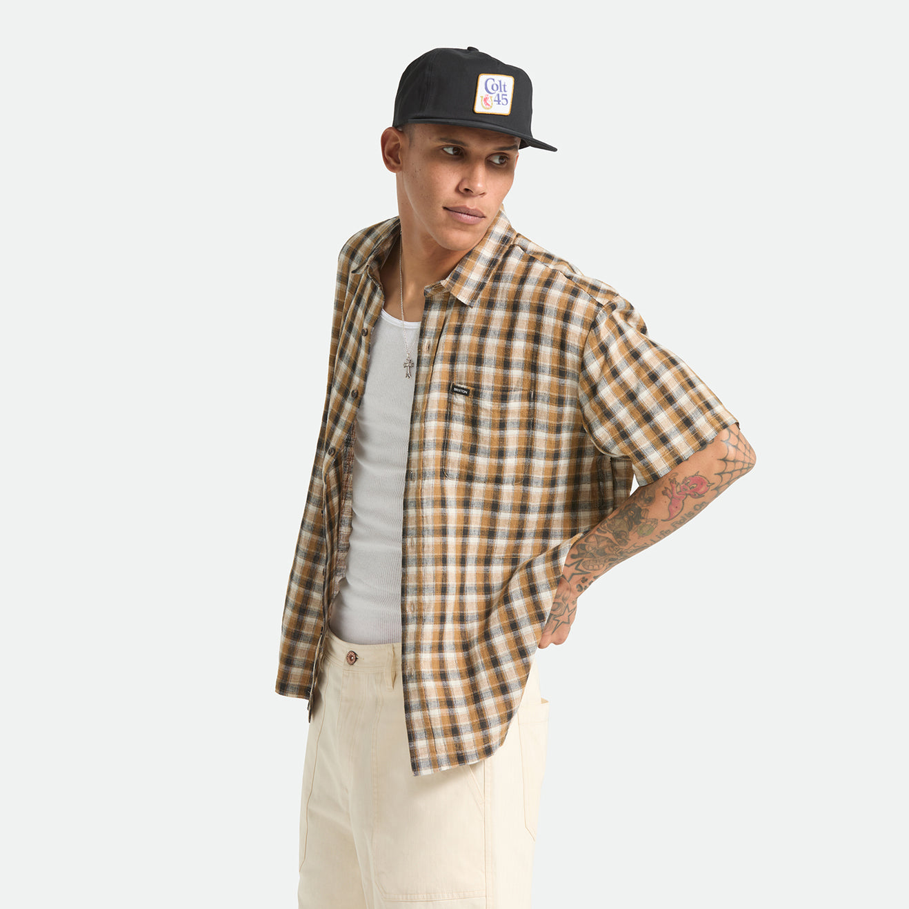 CRU LINEN BLEND PLAID S/S WVN - BLACK/TOBACCO PLAID