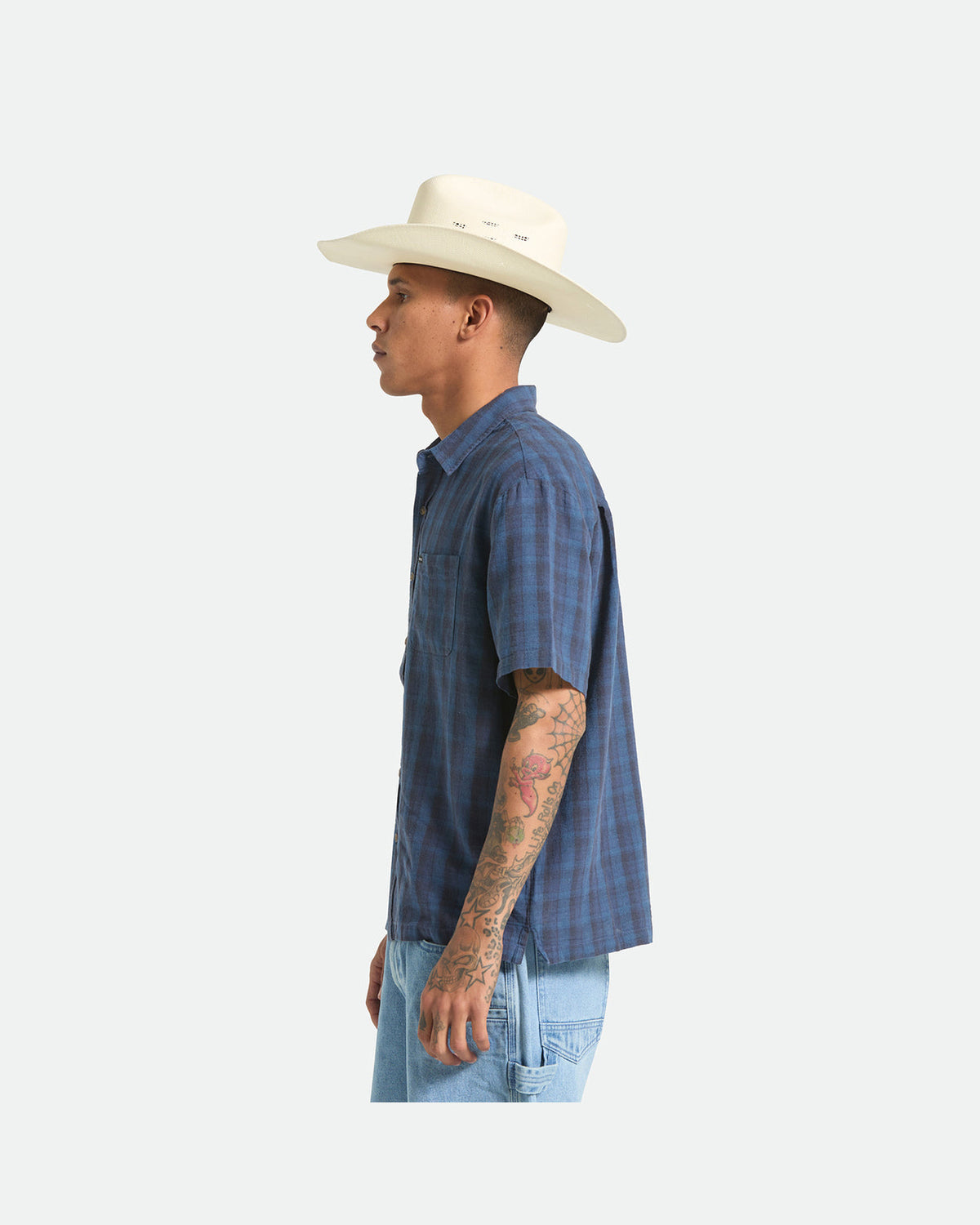 CRU LINEN BLEND PLAID S/S WVN - DARK BLUE/BLACK PLAID