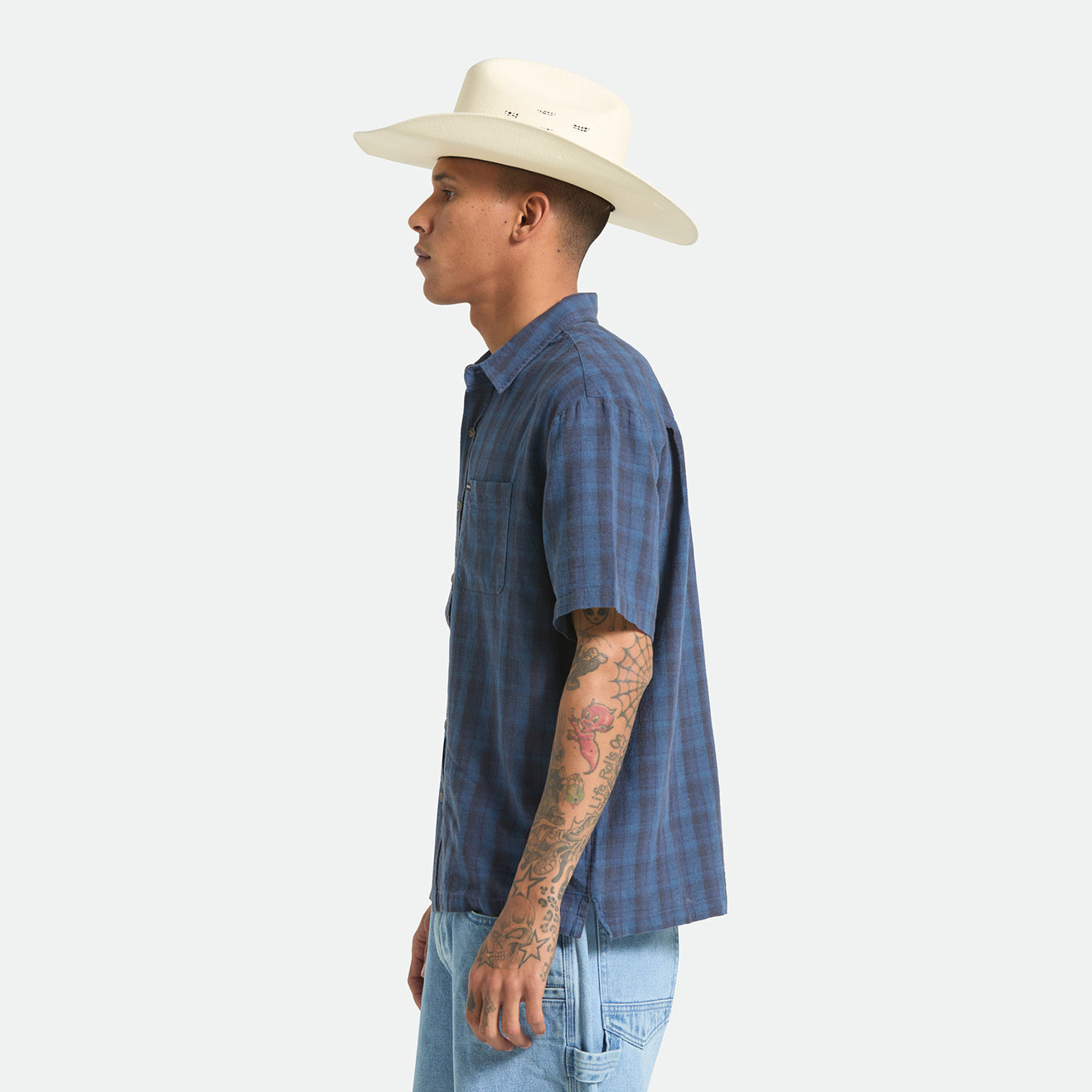 CRU LINEN BLEND PLAID S/S WVN - DARK BLUE/BLACK PLAID