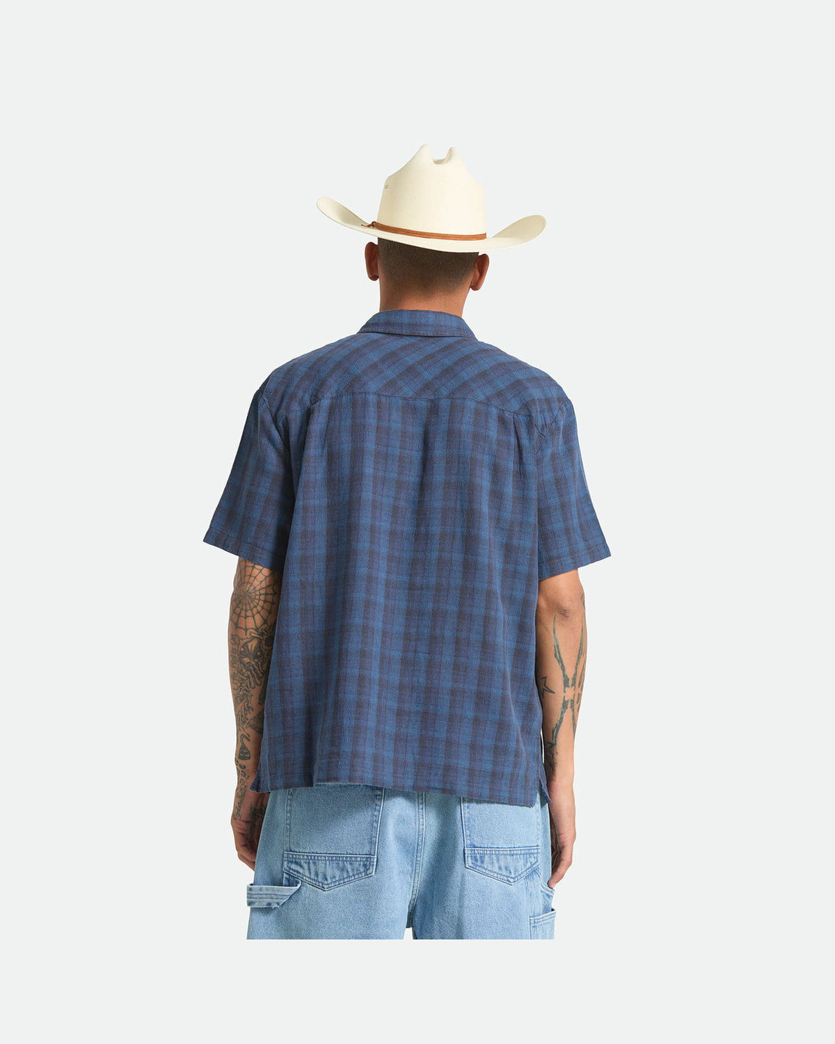 CRU LINEN BLEND PLAID S/S WVN - DARK BLUE/BLACK PLAID