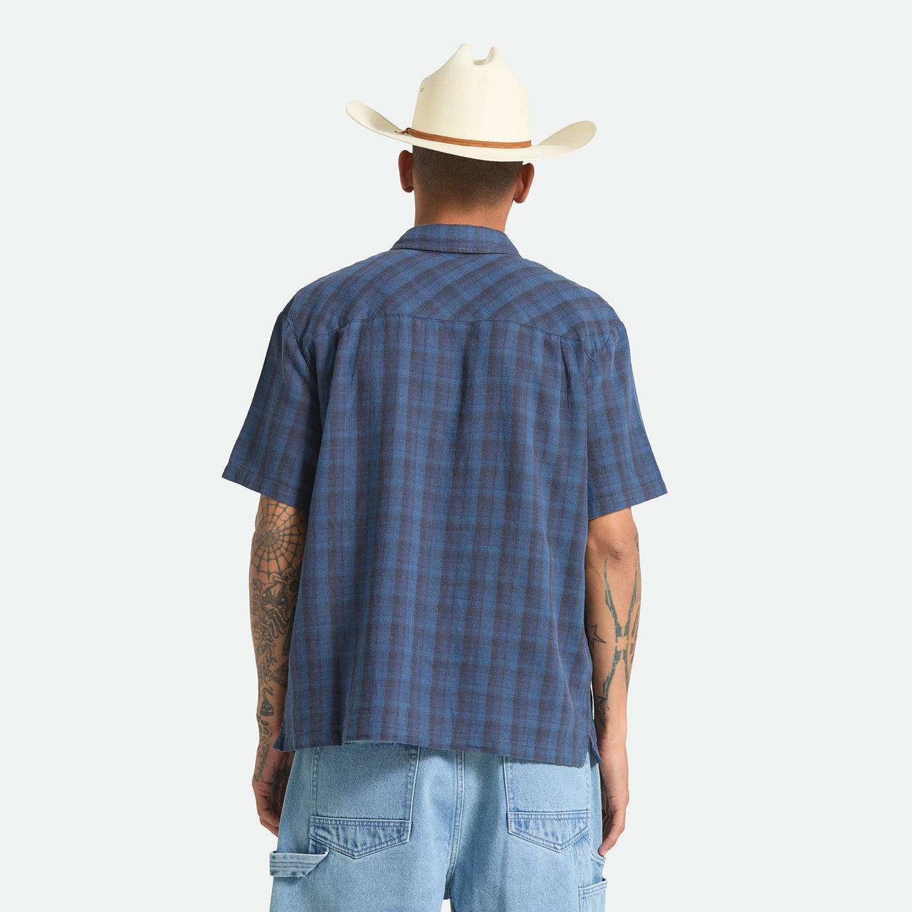 CRU LINEN BLEND PLAID S/S WVN - DARK BLUE/BLACK PLAID