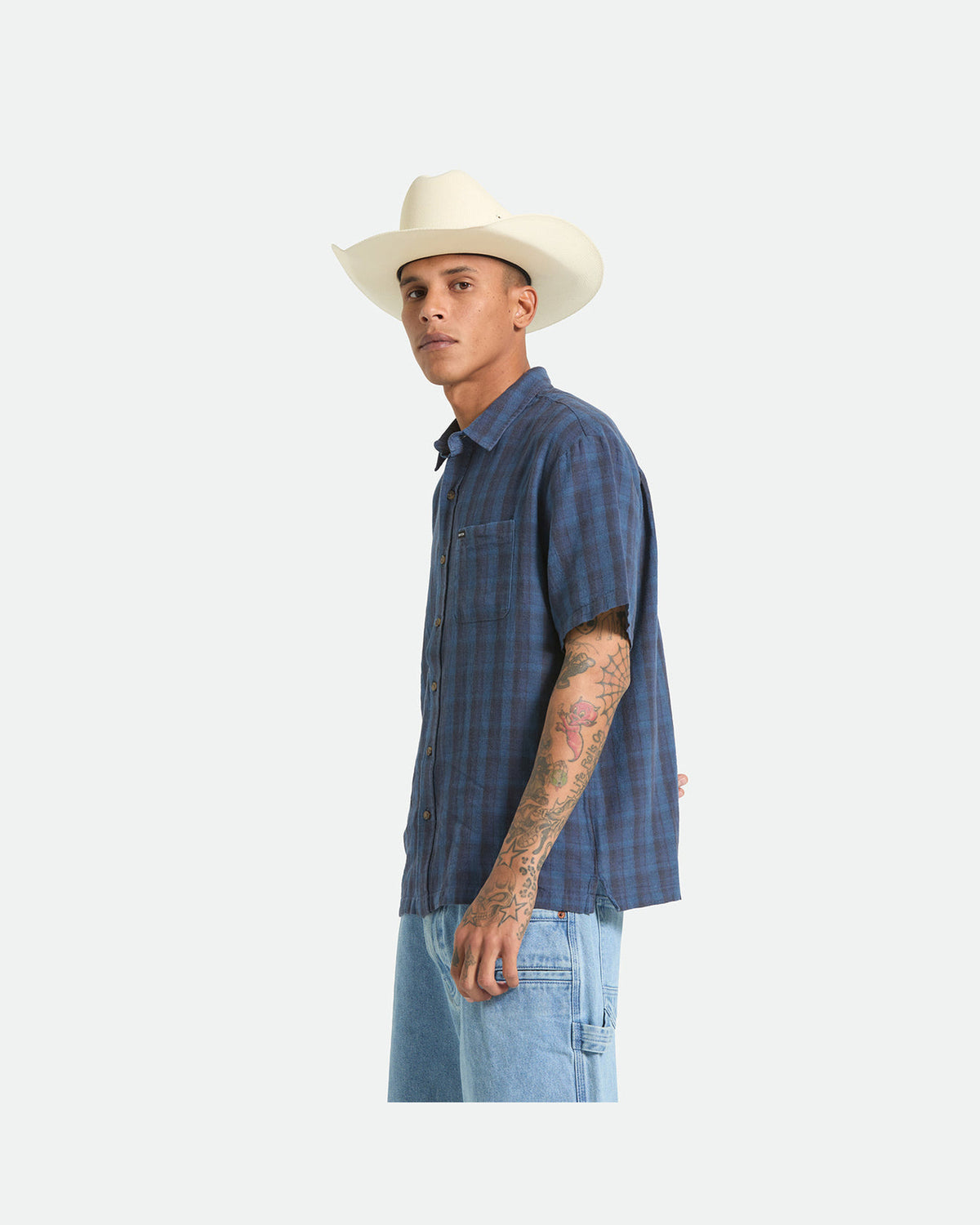 CRU LINEN BLEND PLAID S/S WVN - DARK BLUE/BLACK PLAID