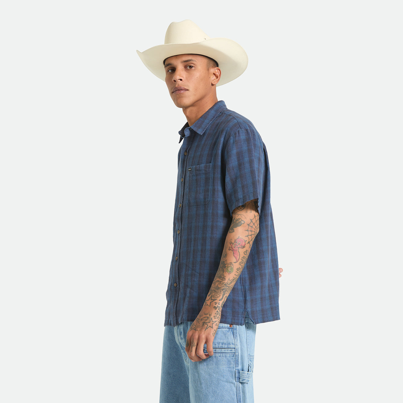CRU LINEN BLEND PLAID S/S WVN - DARK BLUE/BLACK PLAID
