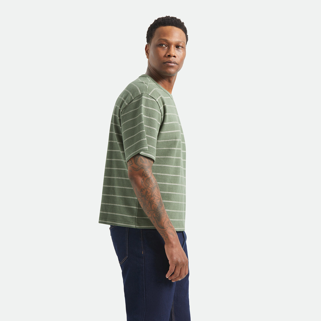 SHIELD PIQUE S/S BOXY KNIT TEE - DARK OLIVE/WHITECAP