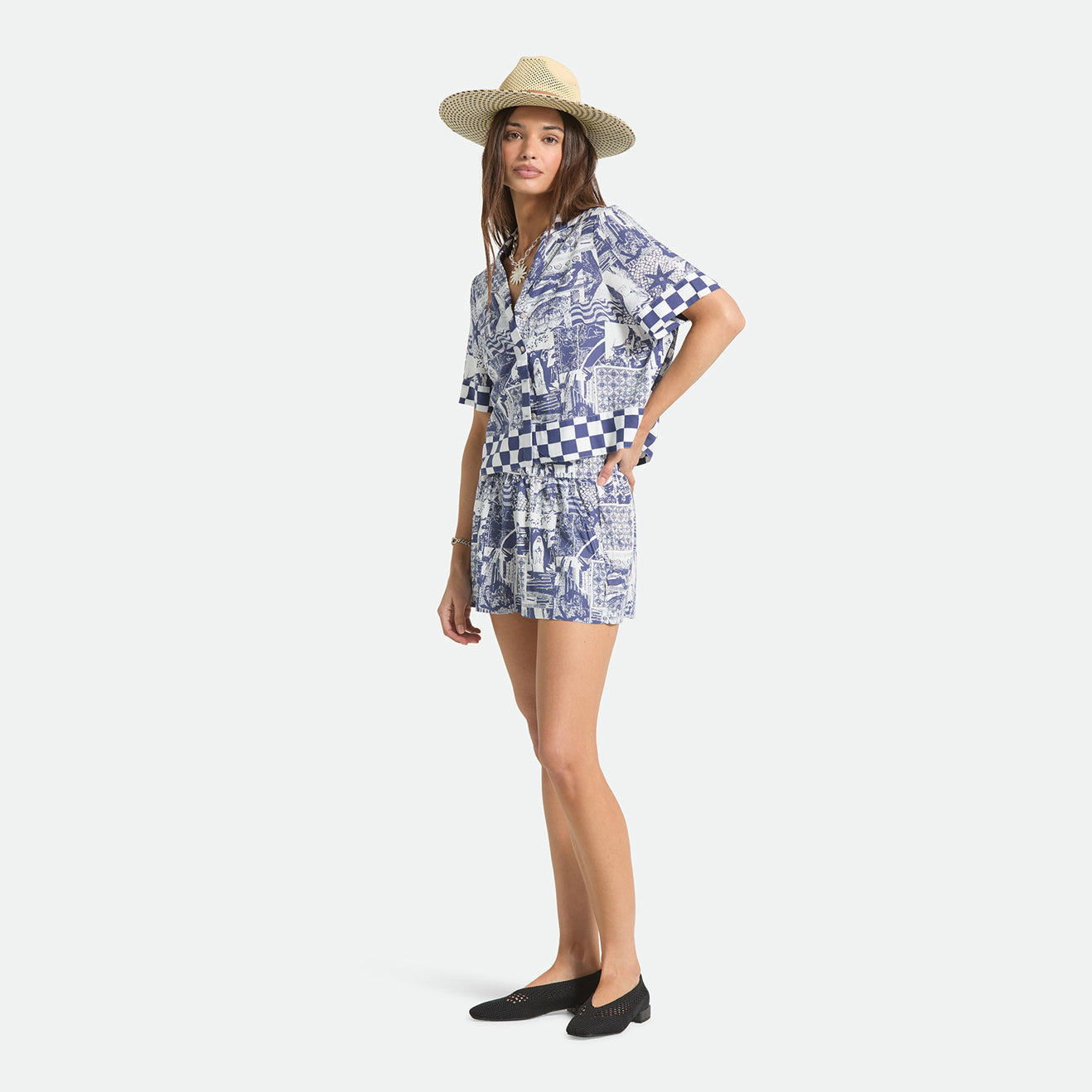 THE OMAR BUTTON DOWN S/S WOVEN - NAVY/WHITE COLLAGE