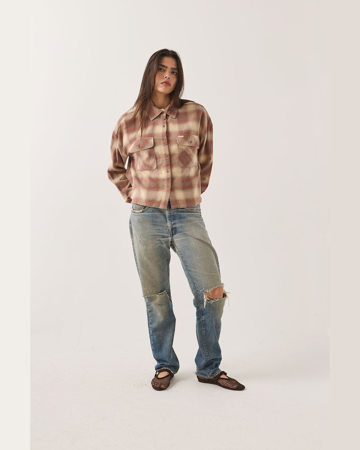 BOWERY CROP W L/S OVERSHIRT - SOFT TAN WINDOW PLAID