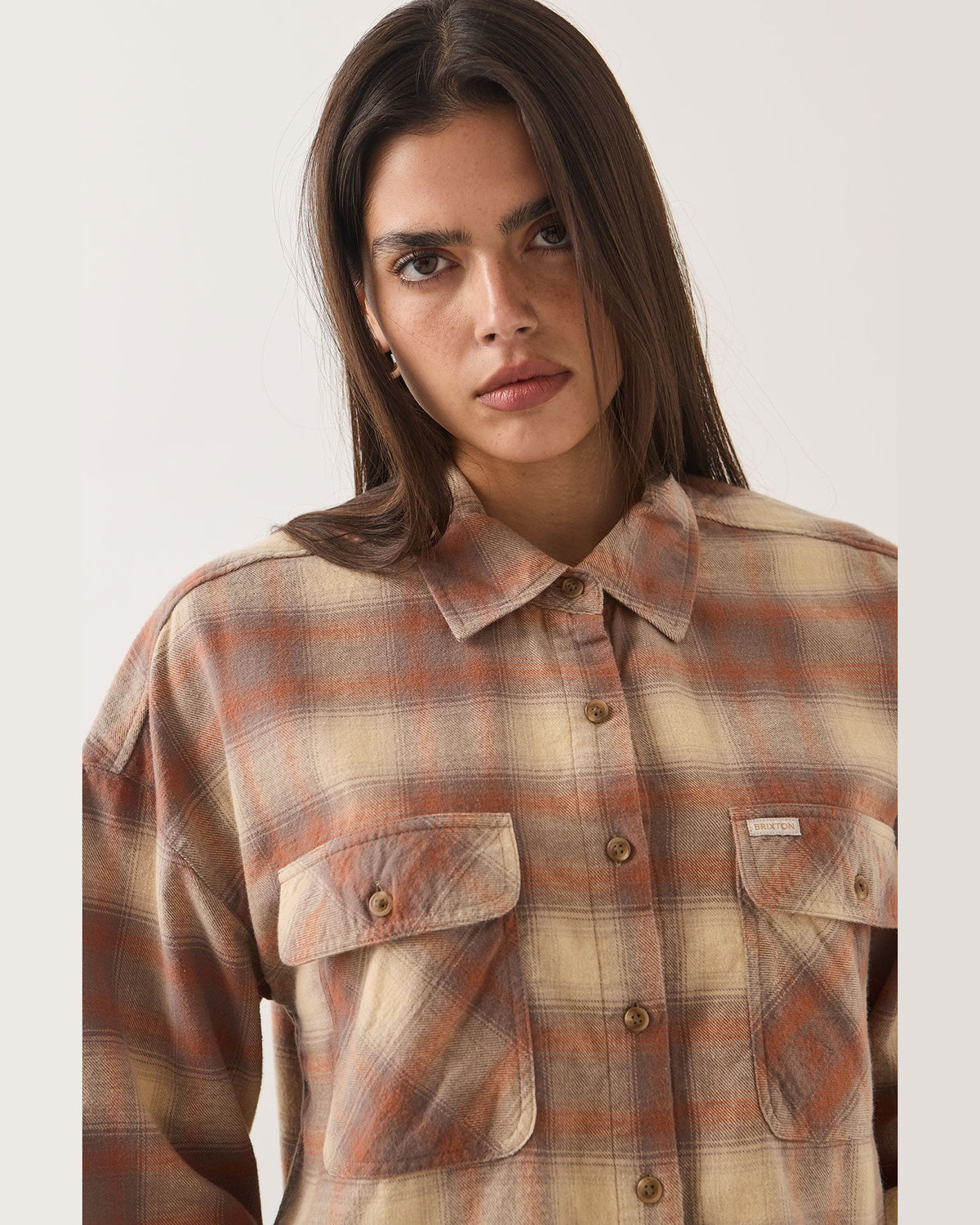 BOWERY CROP W L/S OVERSHIRT - SOFT TAN WINDOW PLAID