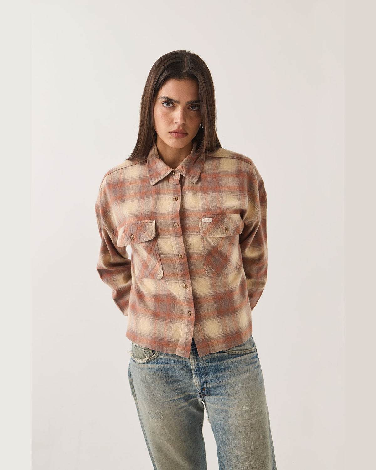 BOWERY CROP W L/S OVERSHIRT - SOFT TAN WINDOW PLAID