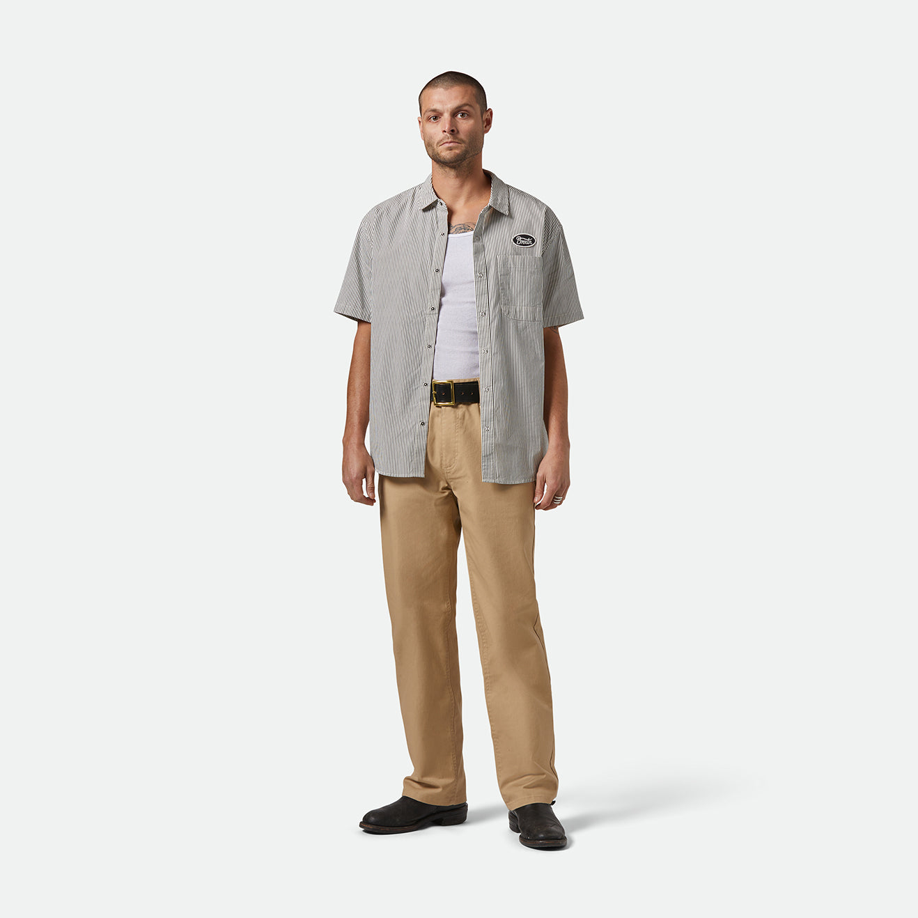 BUILDERS AUTO S/S WVN-BLACK/OFF WHITE STRIPE