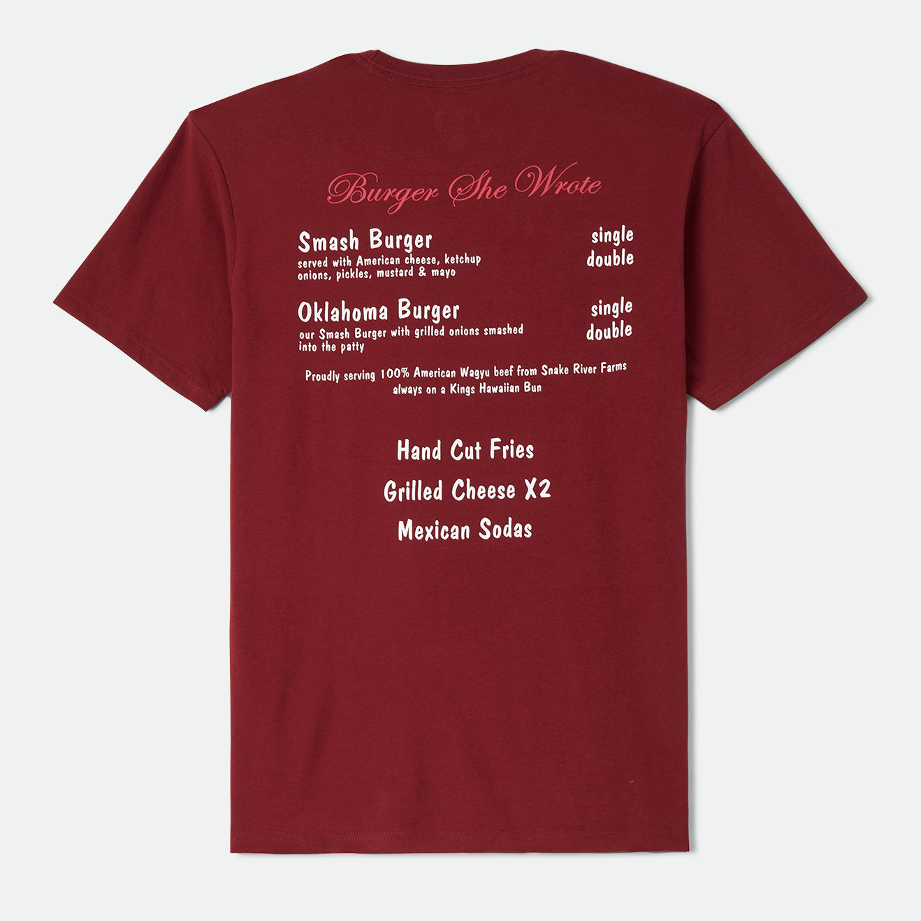 BURGER SHE WROTE POCKET TEE - BURGUNDY