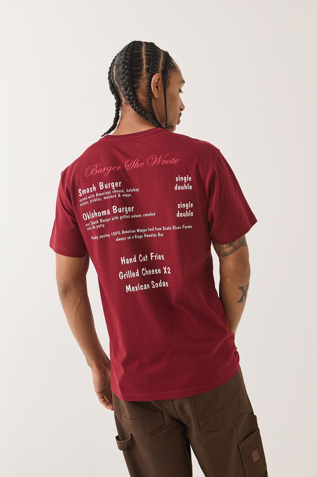 BURGER SHE WROTE POCKET TEE - BURGUNDY