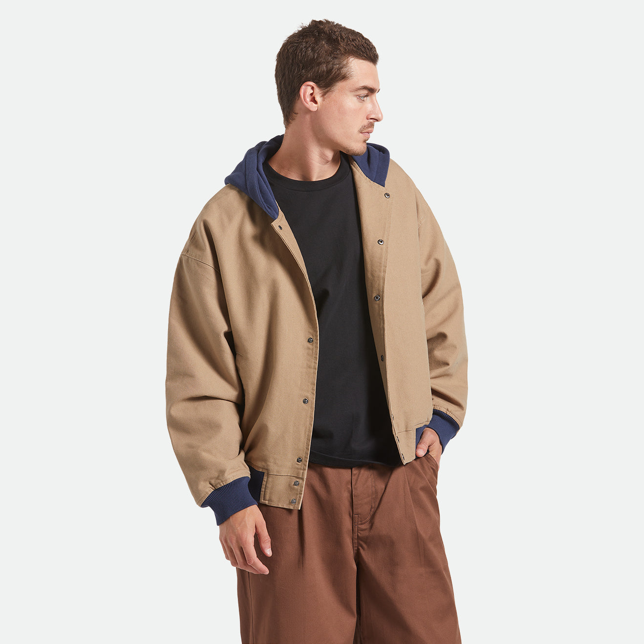 CANVAS HOODED BOMBER JKT - KHAKI/MOOD INDIGO