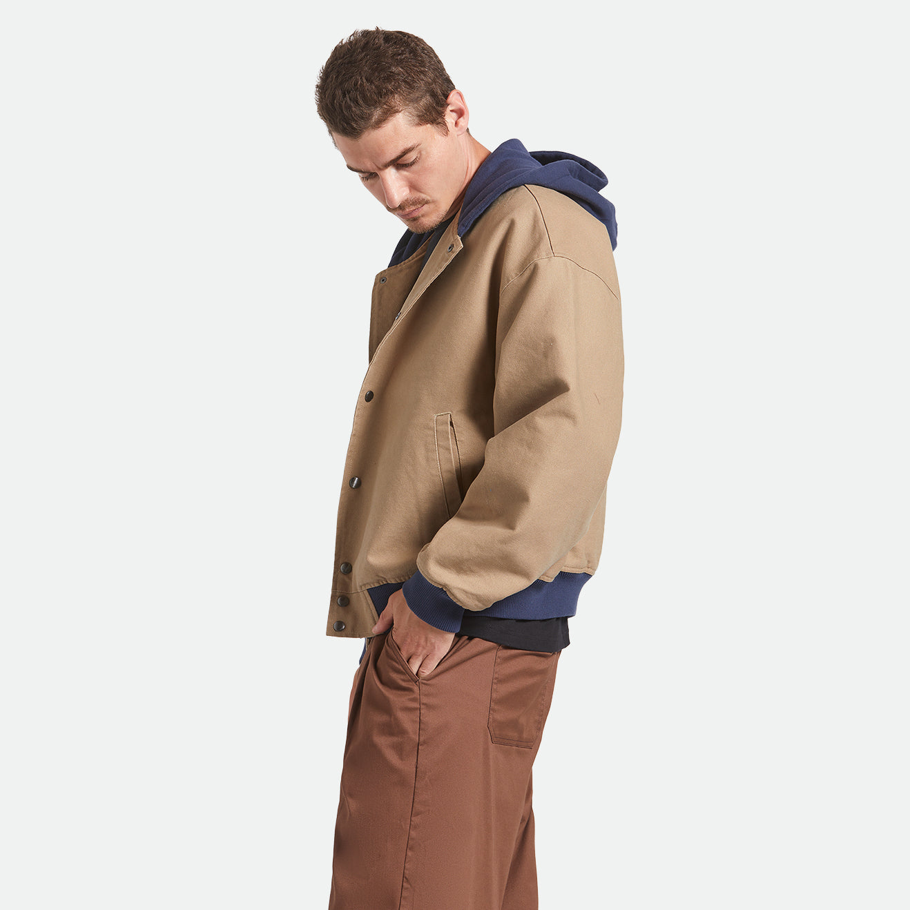 CANVAS HOODED BOMBER JKT - KHAKI/MOOD INDIGO