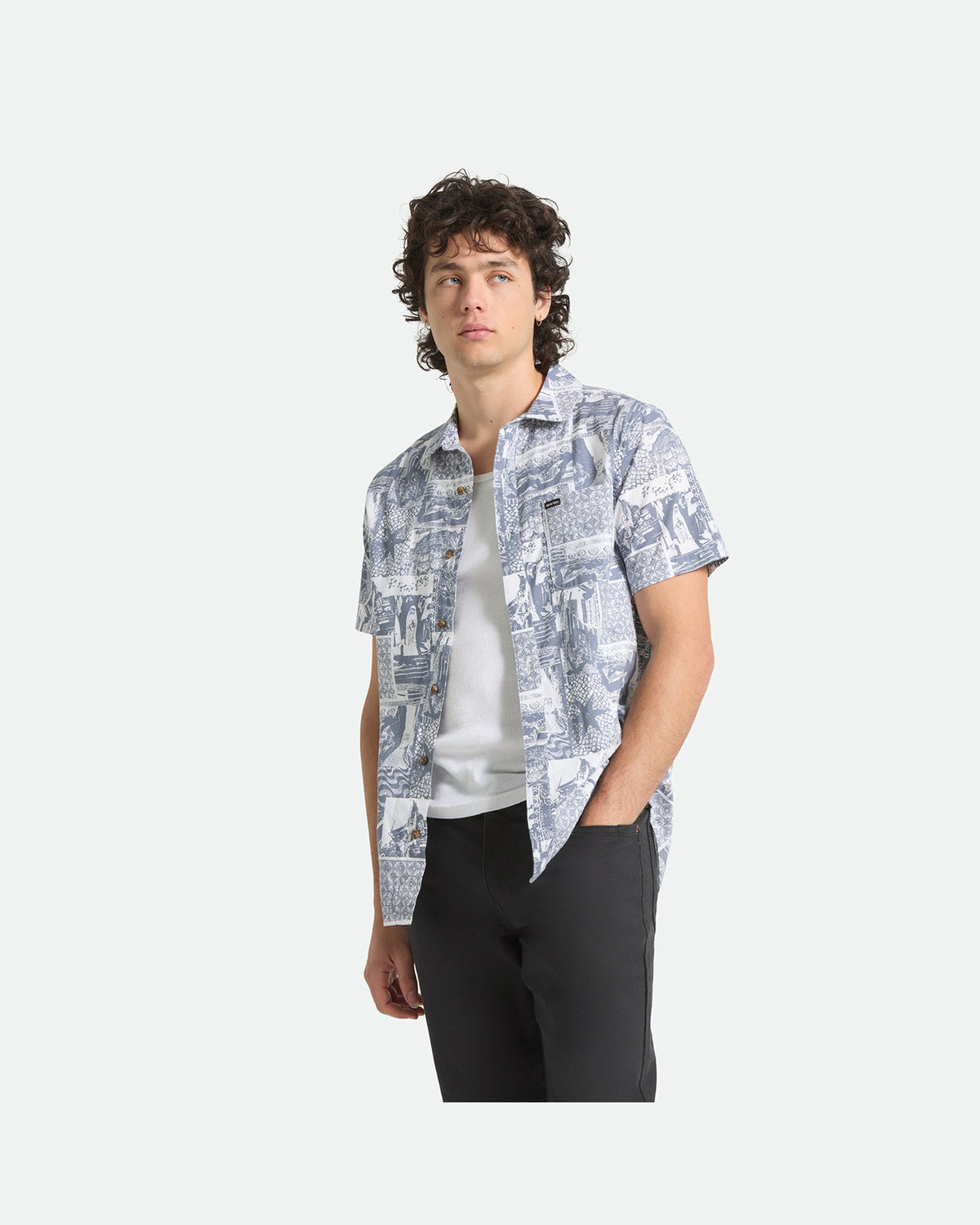 CHARTER PRINT S/S WVN - NAVY/WHITE COLLAGE