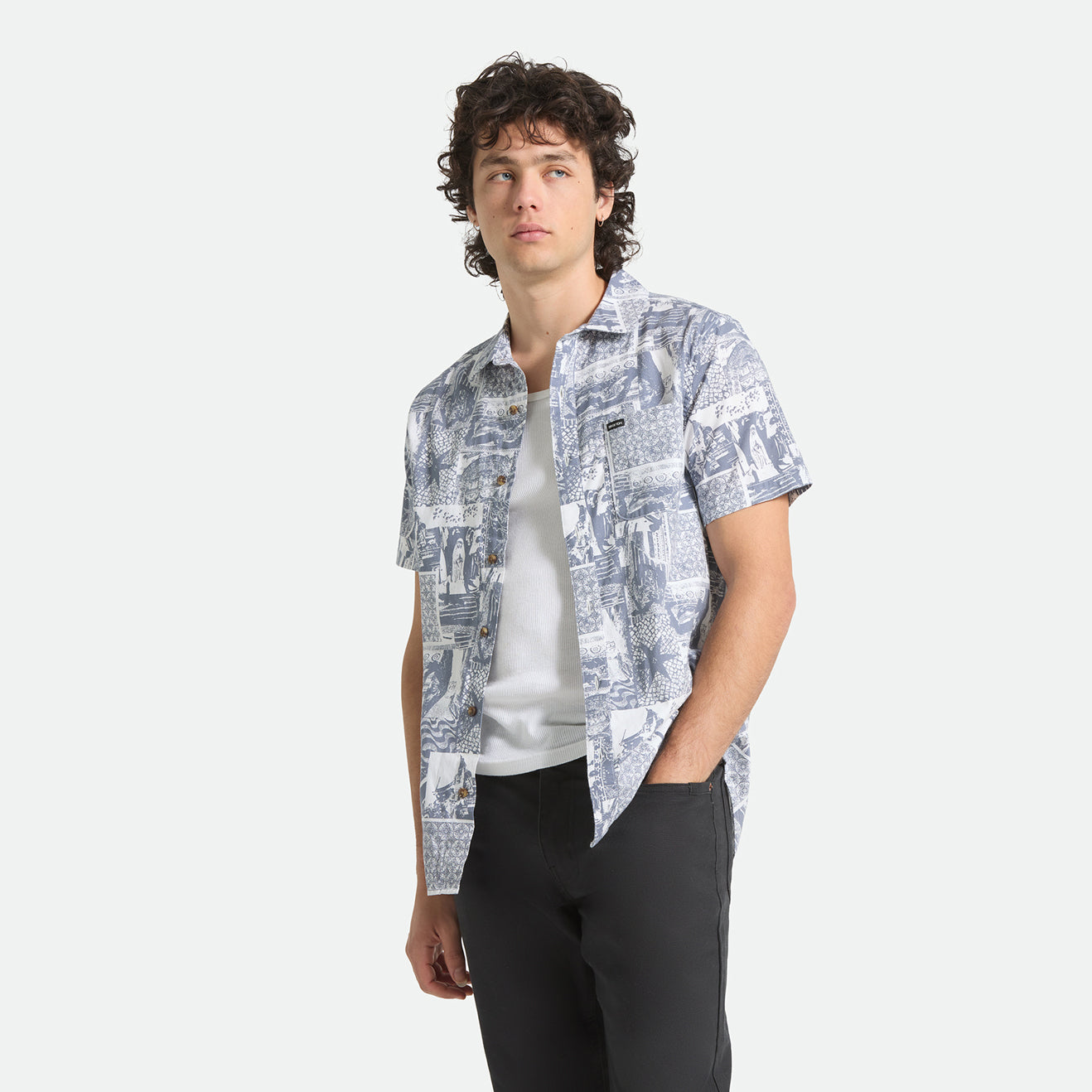 CHARTER PRINT S/S WVN - NAVY/WHITE COLLAGE