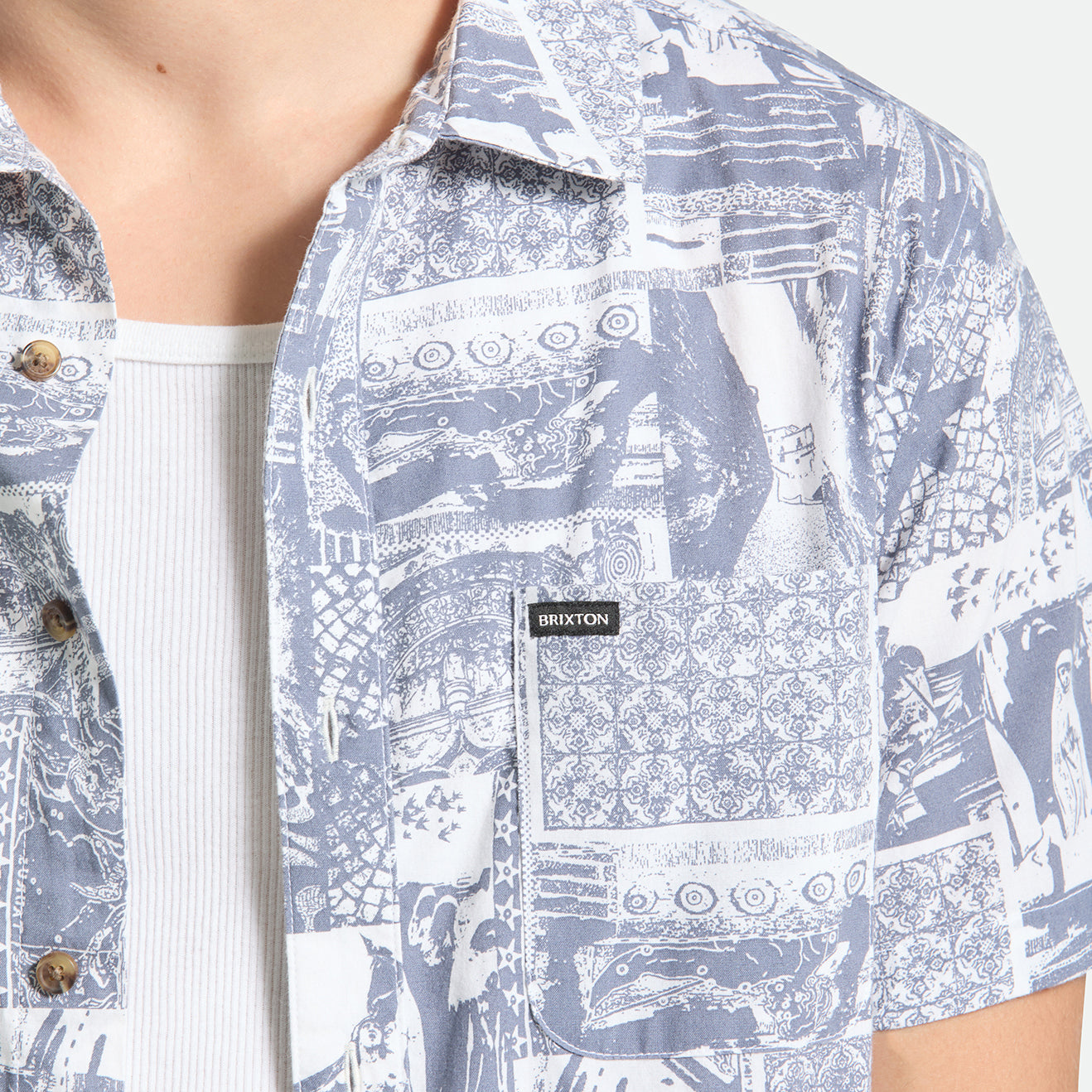 CHARTER PRINT S/S WVN - NAVY/WHITE COLLAGE
