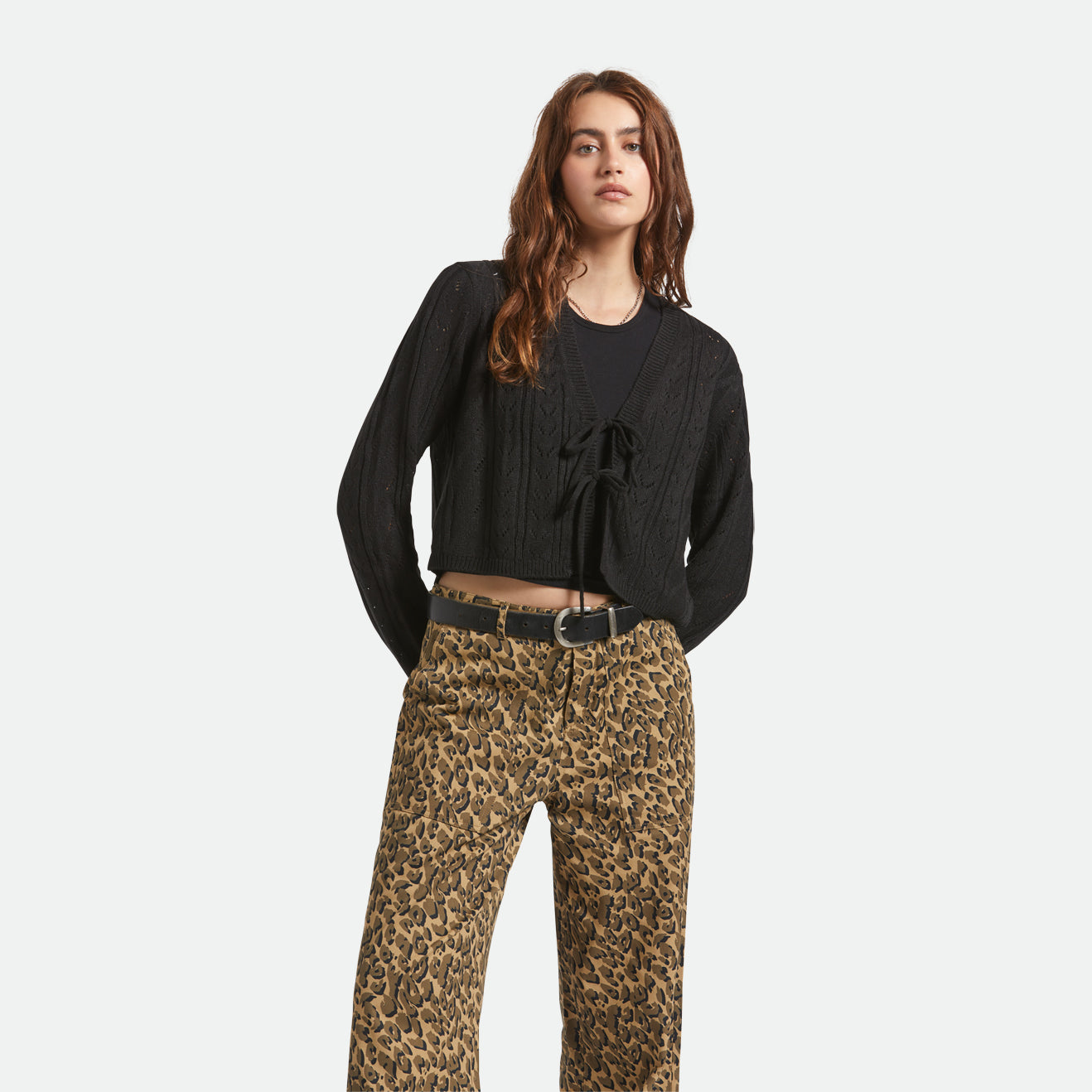 CROPPED POINTELLE TIE CARDIGAN - BLACK