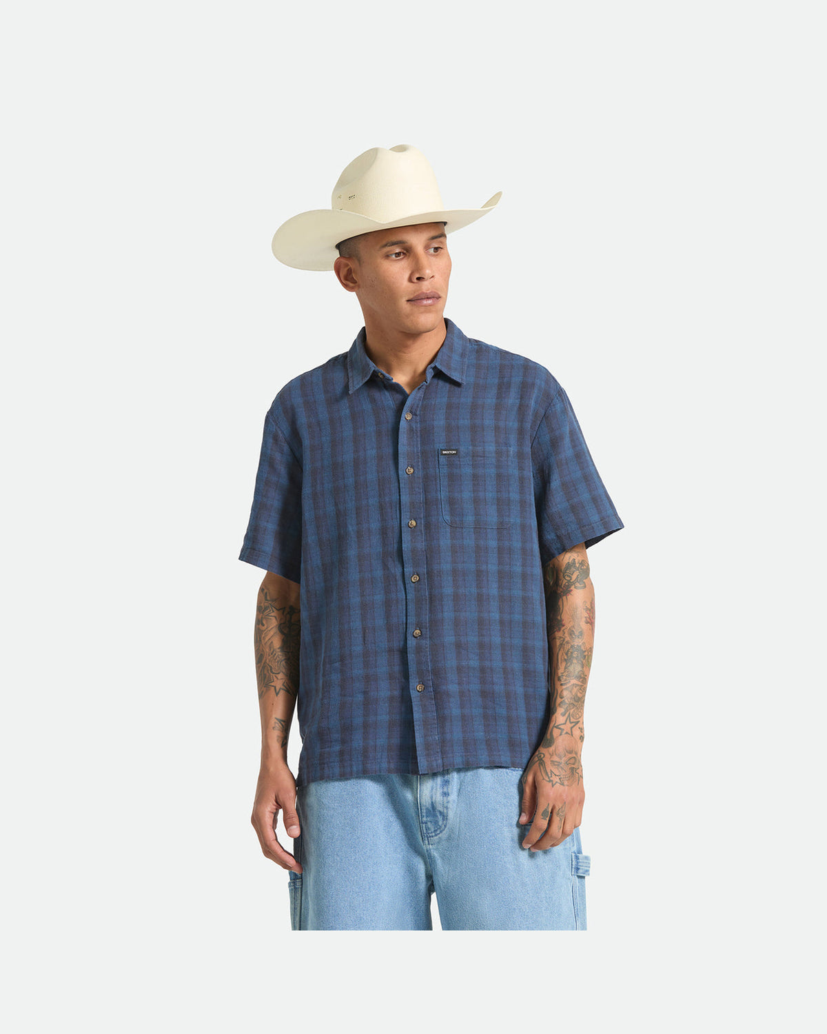 CRU LINEN BLEND PLAID S/S WVN - DARK BLUE/BLACK PLAID