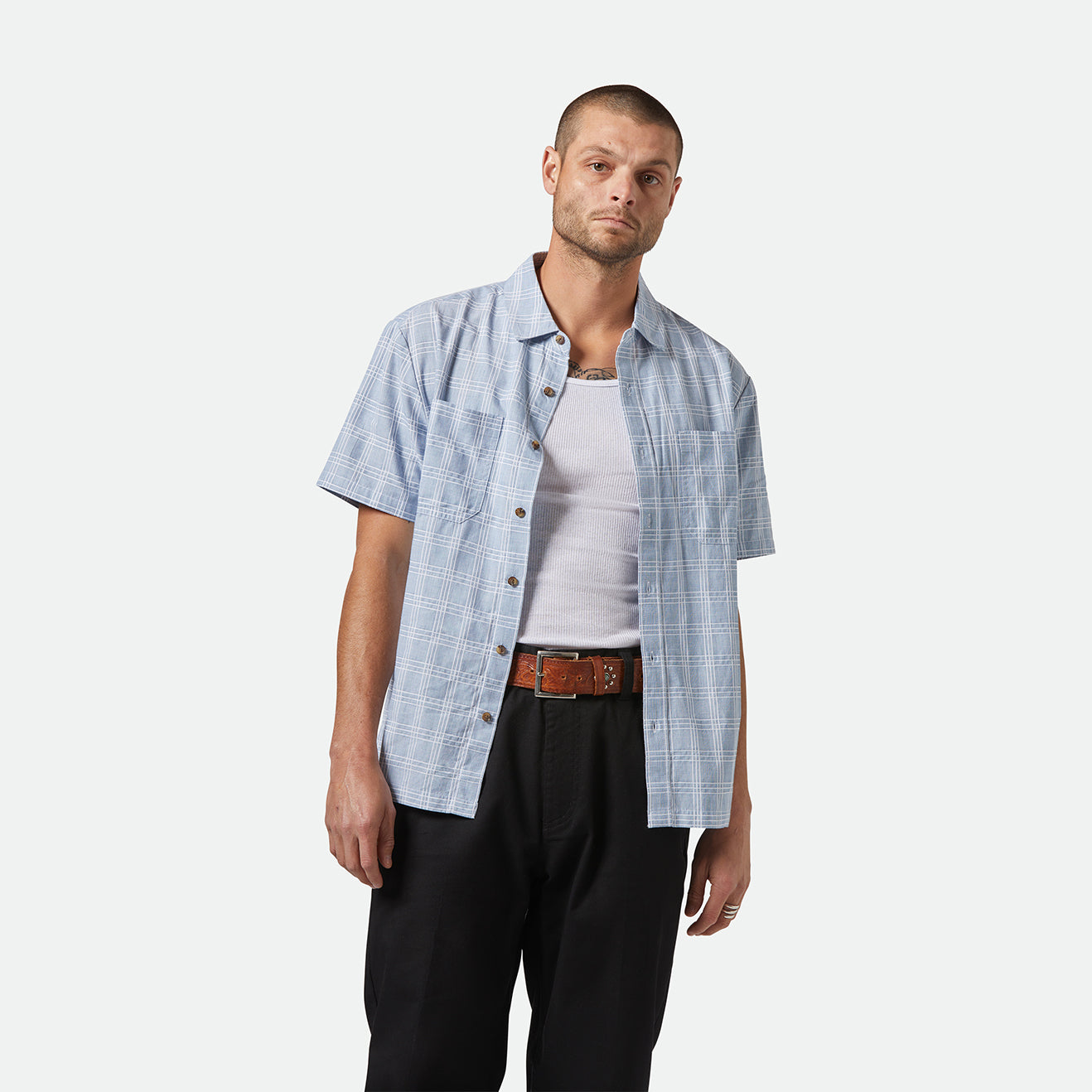 CRU OXFORD PLAID S/S WVN-LIGHT BLUE/WHITE PLAID