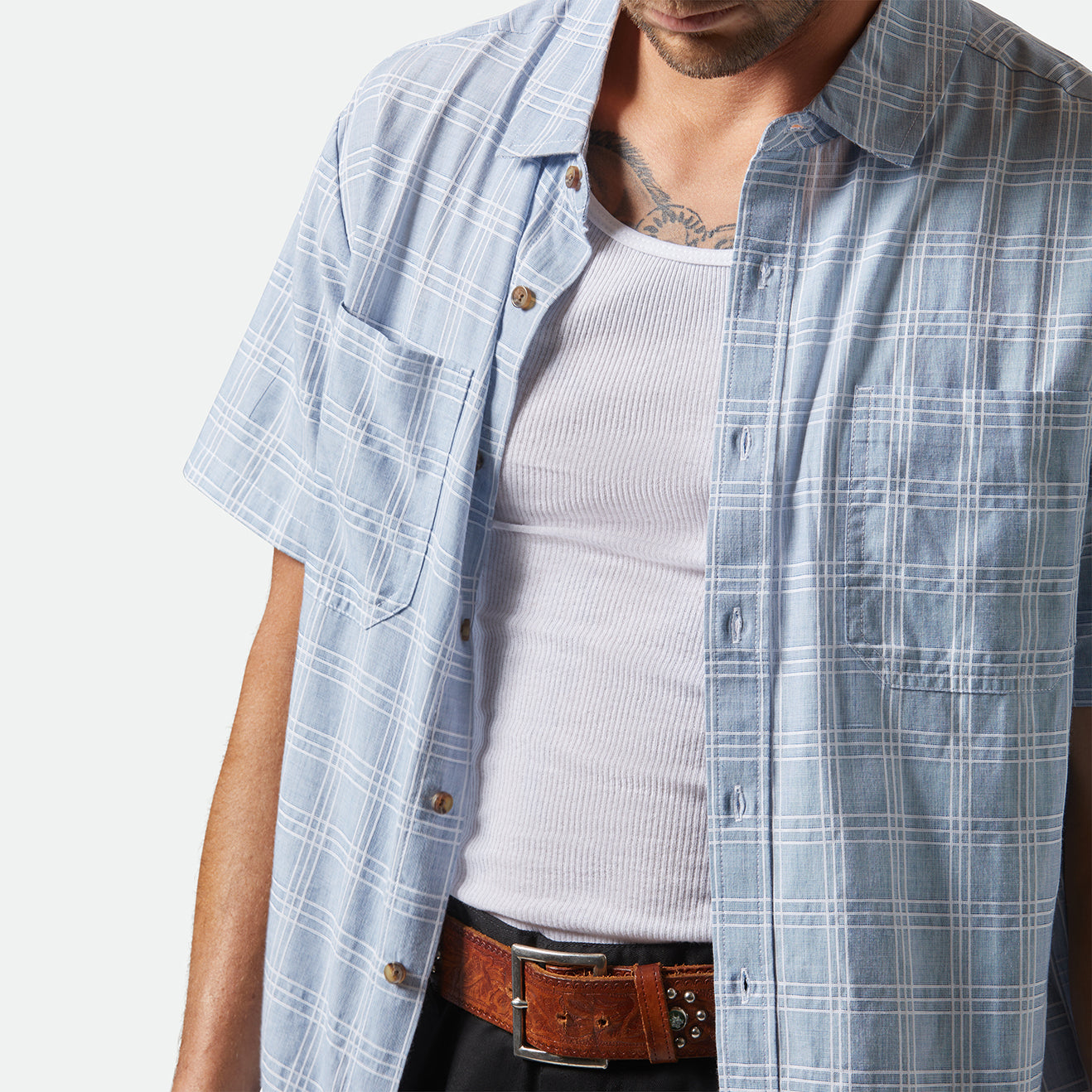 CRU OXFORD PLAID S/S WVN-LIGHT BLUE/WHITE PLAID