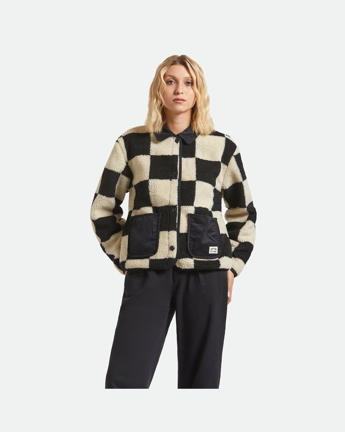 DELILAH SHERPA JACKET - BLACK/NATURAL FINISH LINE CHEC
