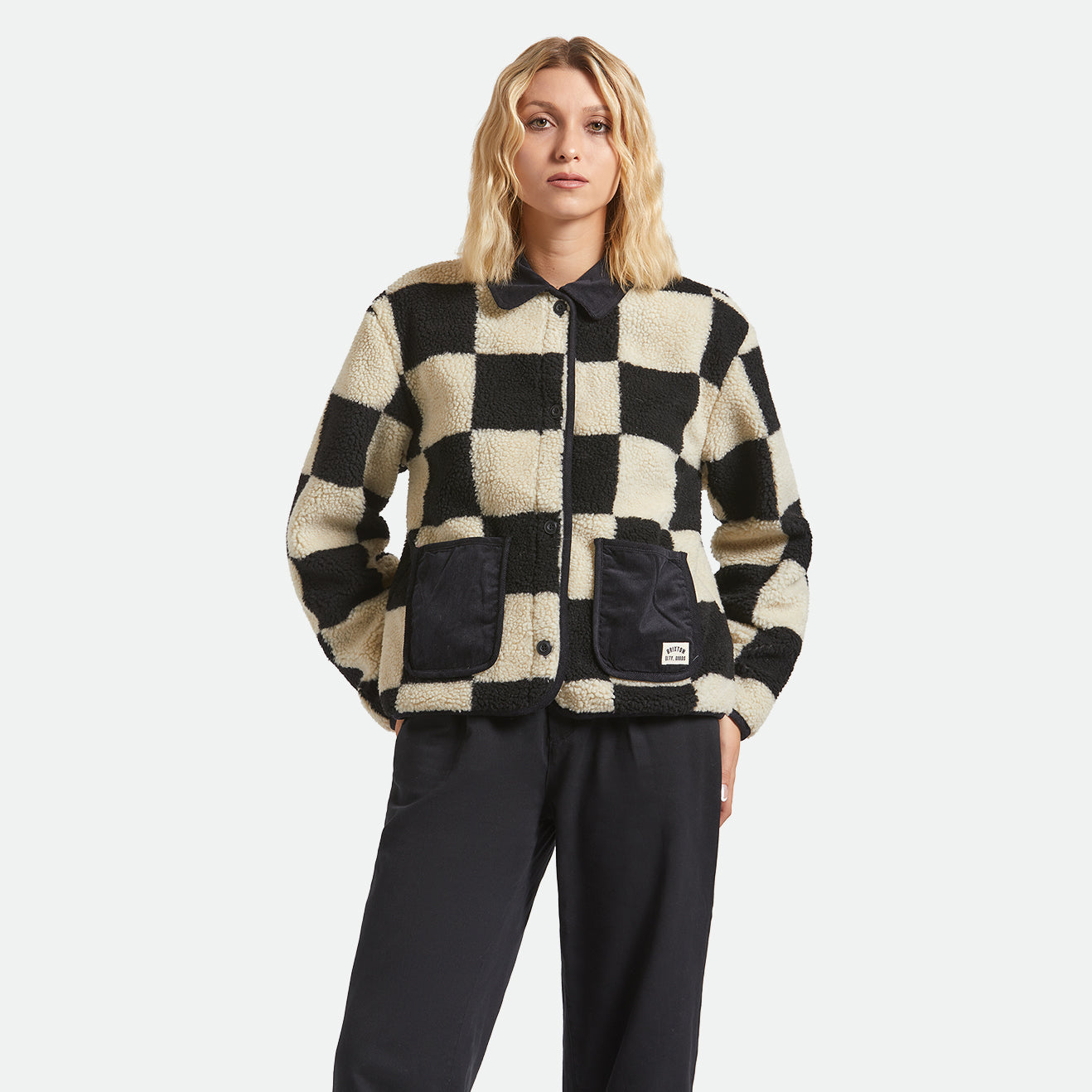 DELILAH SHERPA JACKET - BLACK/NATURAL FINISH LINE CHEC