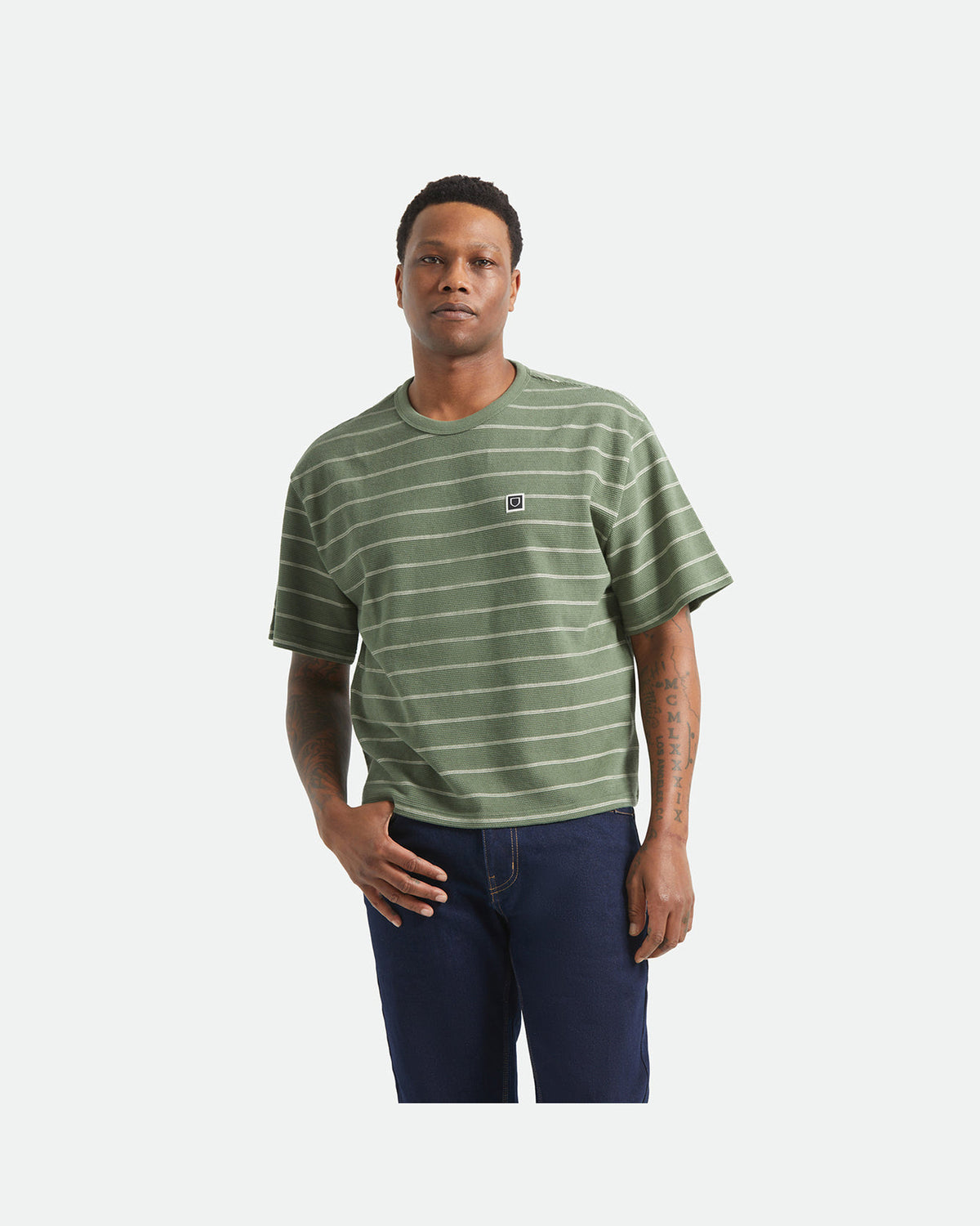 SHIELD PIQUE S/S BOXY KNIT TEE - DARK OLIVE/WHITECAP