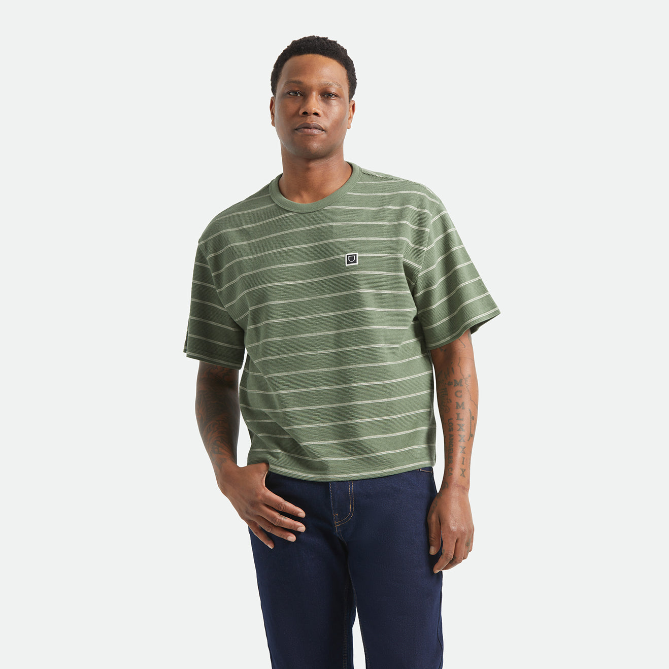 SHIELD PIQUE S/S BOXY KNIT TEE - DARK OLIVE/WHITECAP