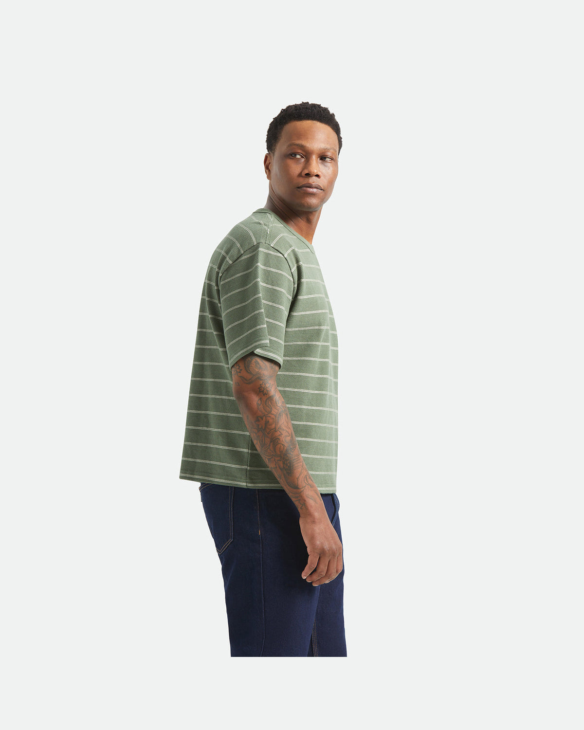 SHIELD PIQUE S/S BOXY KNIT TEE - DARK OLIVE/WHITECAP