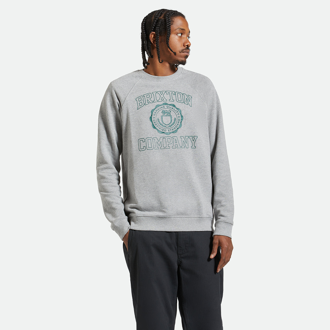 UNIVERSITY BROKEN IN CREW-HEATHER GREY/PINE NEEDLE