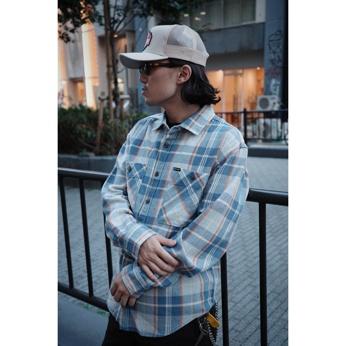 VINTAGE WASH FLANNEL - BLUE/SOFT BLUE/ORANGE